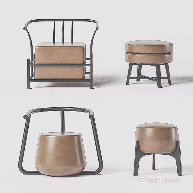 Modern Brown Leather Stools With Black Metal Frames And Various Design Styles 3d model
