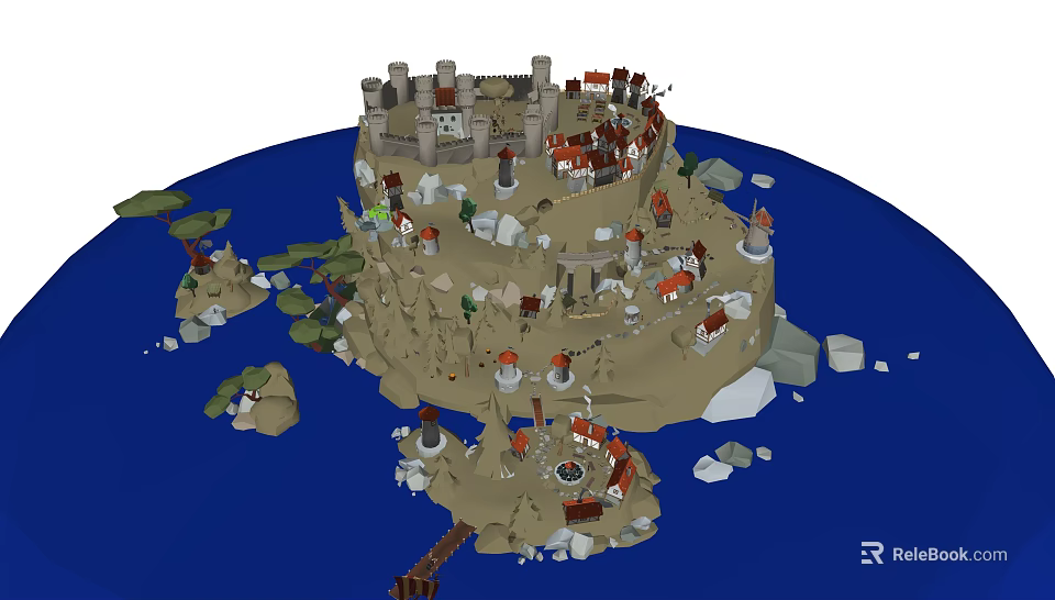 Cartoon Scene of Island with Castle and Village Small Houses Trees Rocks and Blue Water 3d model 