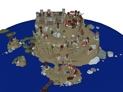 Cartoon Scene of Island with Castle and Village Small Houses Trees Rocks and Blue Water 3d model