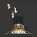 Ornate Treasure Chest With Pagoda Decorations Flames And Blue Cloth On Pedestal