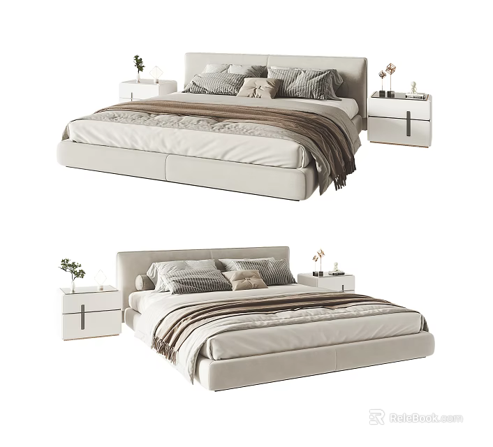 Modern Double Bed With Soft Pillows Blanket And Bedside Tables With Vases 3d model