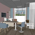 Doctor's Office Interior With Pink Walls Light Blue Chairs Desk Computer And White Coat