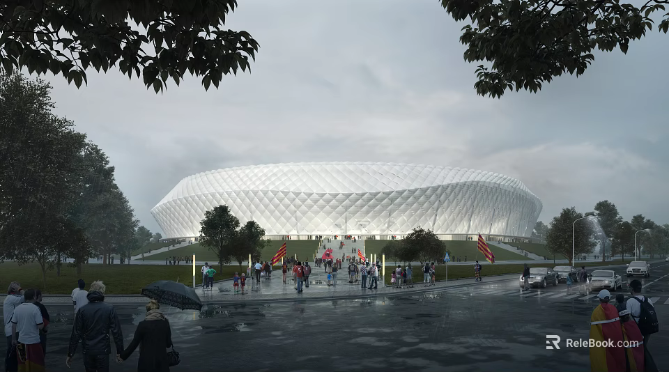 Large White Mesh Stadium Exterior With Crowded Pedestrians And Trees On Rainy Day 3d model 