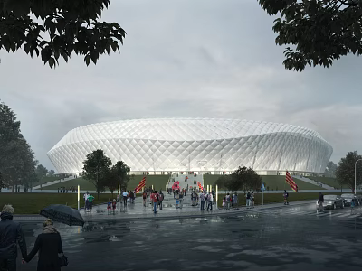 Large White Mesh Stadium Exterior With Crowded Pedestrians And Trees On Rainy Day 3d model