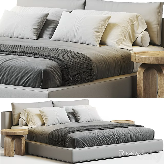 Double Bed with Gray Bedsheets Dark Blanket Multiple Pillows and Wooden Nightstand in Modern Bedroom 3d model 