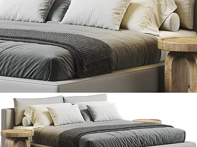 Double Bed with Gray Bedsheets Dark Blanket Multiple Pillows and Wooden Nightstand in Modern Bedroom 3d model
