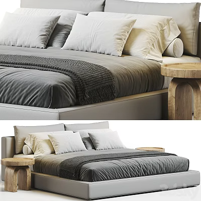 Double Bed with Gray Bedsheets Dark Blanket Multiple Pillows and Wooden Nightstand in Modern Bedroom 3d model