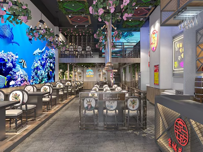 Ocean Themed Restaurant Interior With Coral Fish Wall Chinese Fortune Decor And Floral Chandeliers 3d model
