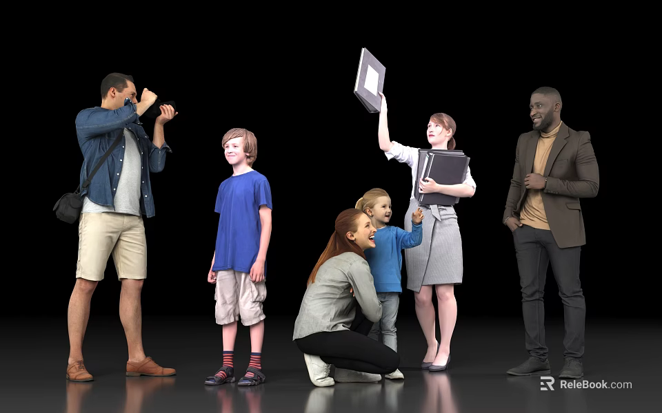Diverse Group of People Taking Photos Engaging with Child Holding Laptop and Documents 3d model 