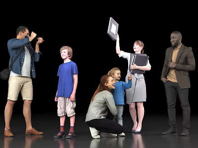 Diverse Group of People Taking Photos Engaging with Child Holding Laptop and Documents 3d model