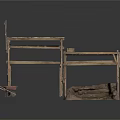 Two Wooden Scaffold Style Household Workbenches With Red Wheelbarrow And Cloth