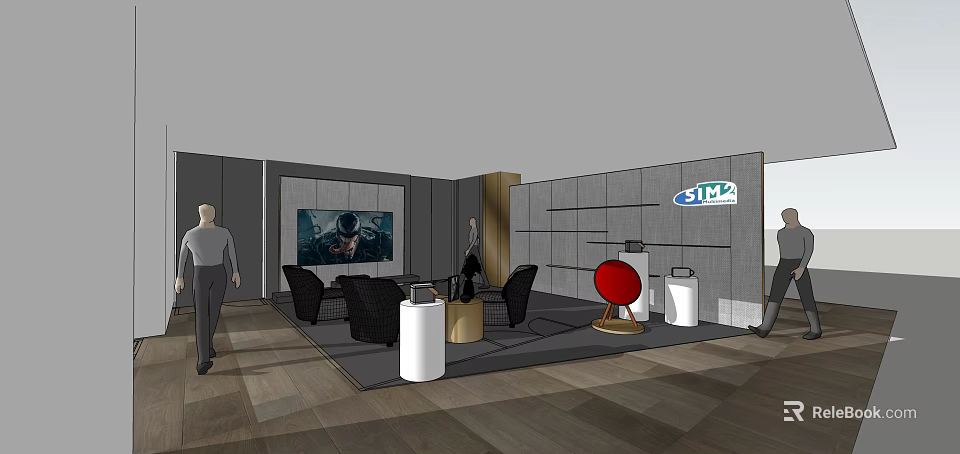 Modern Hotel Public Lounge Interior With Comfortable Seating TV Screen And Red Decorative Sphere 3d model 