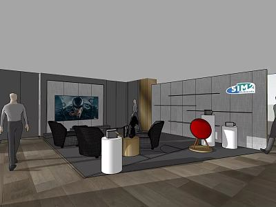 Modern Hotel Public Lounge Interior With Comfortable Seating TV Screen And Red Decorative Sphere 3d model