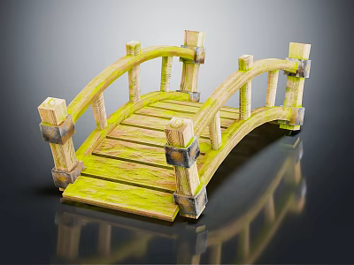 Traditional Wooden Arch Bridge With Railings Steps And Stone Garden Accents 3d model