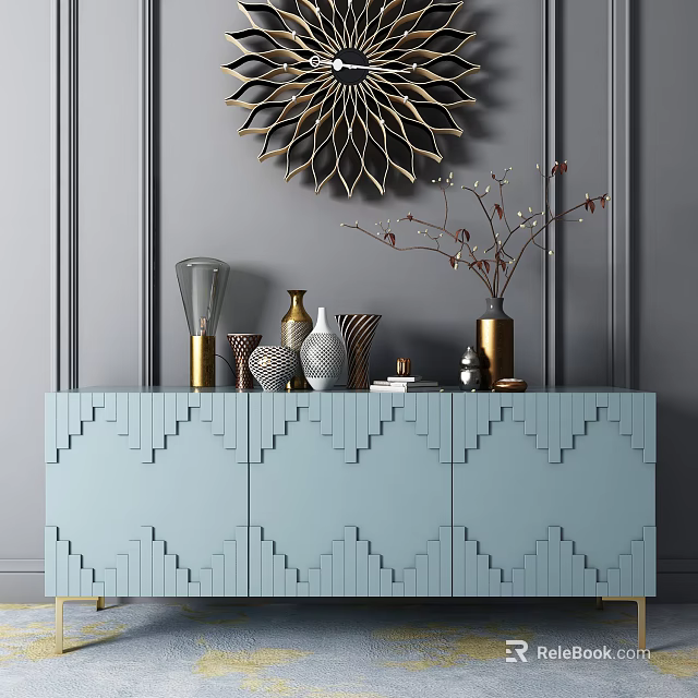 Light Blue Entryway Side Cabinet With Geometric Pattern And Decorative Vases Above Gray Wall 3d model
