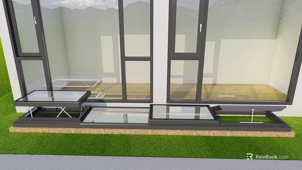 Modern Residential Building Balcony With Large Glass Windows Wooden Flooring Lawn And Mountain View 3d model 