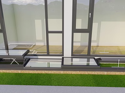 Modern Residential Building Balcony With Large Glass Windows Wooden Flooring Lawn And Mountain View 3d model