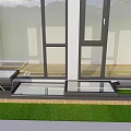 Modern Residential Building Balcony With Large Glass Windows Wooden Flooring Lawn And Mountain View