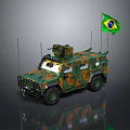 Armored Brazilian Military Tank With Camouflage Paint And Flying Brazilian Flag
