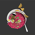 Vibrant Soup Bowl With Pink Broth Splashing Green Herbs Egg And Crusty Bread