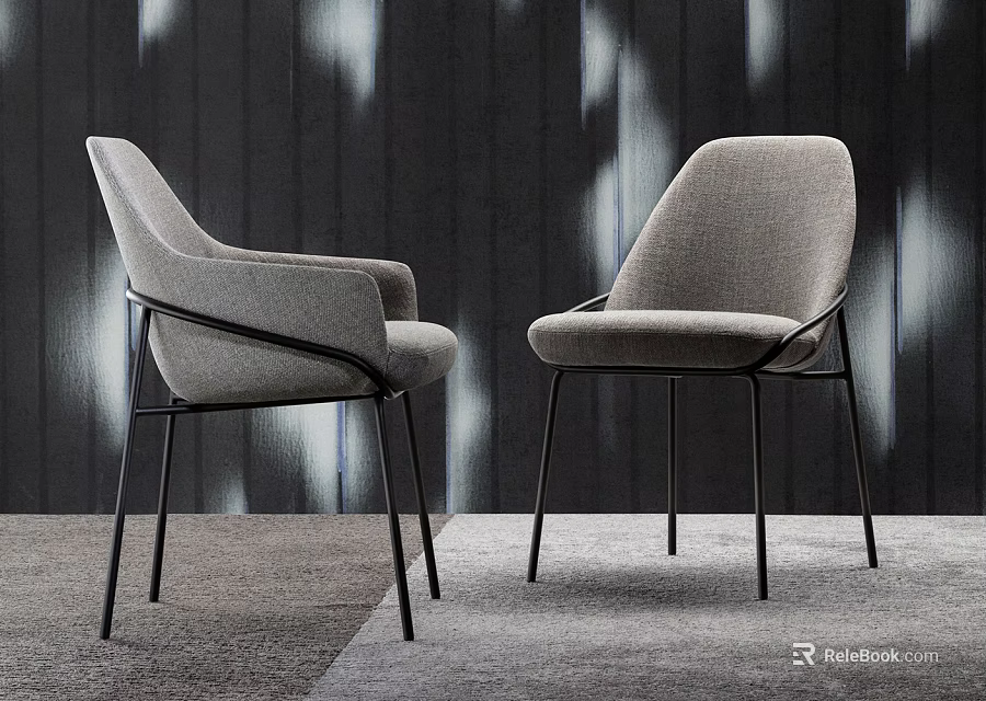 Modern Gray Fabric Dining Chairs With Black Metal Legs And Wooden Wall Light Shadows 3d model 