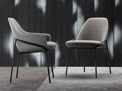 Modern Gray Fabric Dining Chairs With Black Metal Legs And Wooden Wall Light Shadows 3d model