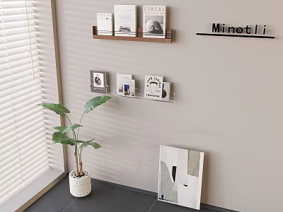 Minotti Wall Shelves With Books Decorative Items And Potted Plant Near Artwork 3d model