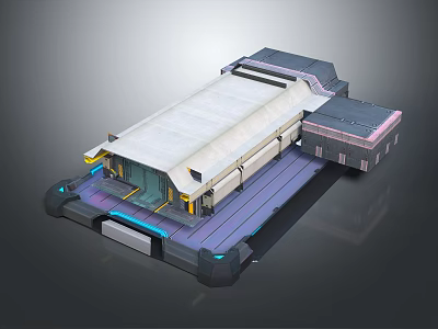 Futuristic Modern Building Design With White Roof Gray Structure And Blue Glowing Lines 3d model
