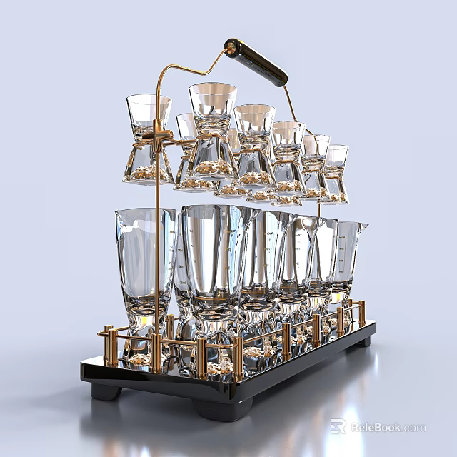Elegant Black and Gold Metal Tableware Set with Multi Tiered Stand and Transparent Glass Cups 3d model 