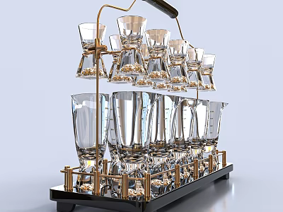 Elegant Black and Gold Metal Tableware Set with Multi Tiered Stand and Transparent Glass Cups 3d model