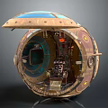 Vintage Spherical Decorative Ornament Combination Featuring Mechanical Interior Control Panel And Metal Details