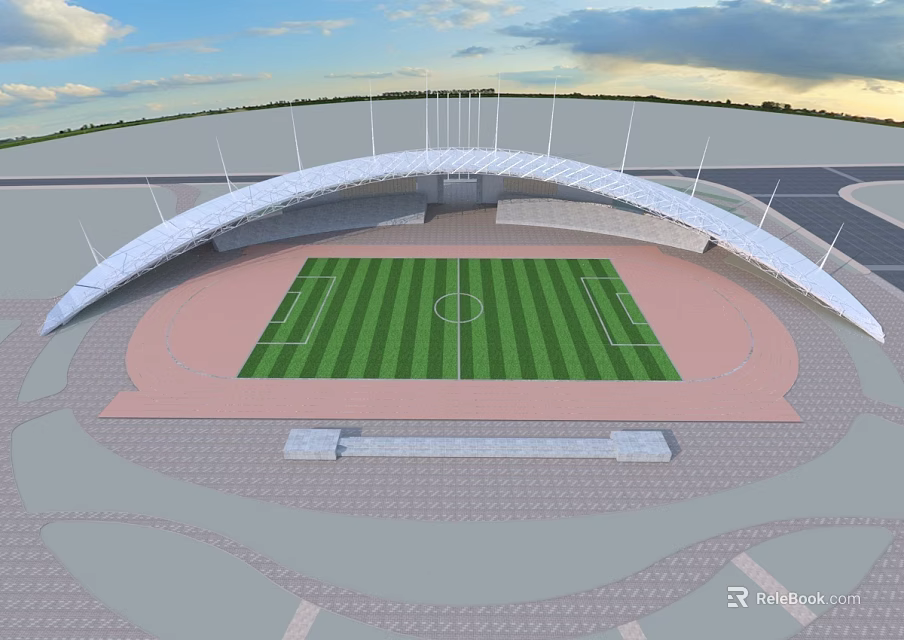 Public Sports Stadium Facility with Green Soccer Field Red Running Track and Arched White Roof 3d model 