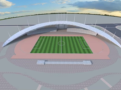 Public Sports Stadium Facility with Green Soccer Field Red Running Track and Arched White Roof 3d model