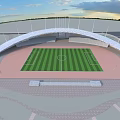 Public Sports Stadium Facility with Green Soccer Field Red Running Track and Arched White Roof