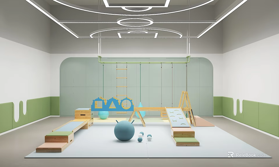 Indoor Kids Sports Fitness Area With Climbing Frame Swings And Wooden Platforms 3d model 