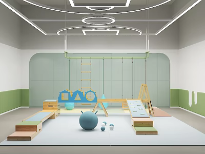 Indoor Kids Sports Fitness Area With Climbing Frame Swings And Wooden Platforms 3d model