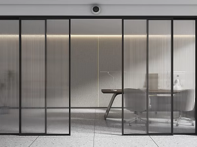 Modern Glass Sliding Doors with Vertical Stripes and Black Frame in Office Interior 3d model