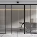 Modern Glass Sliding Doors with Vertical Stripes and Black Frame in Office Interior