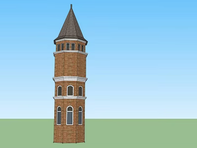 Brown Brick Tower With Pointed Roof Arched Windows And White Trim Against Blue Sky 3d model