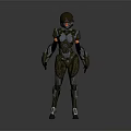 Futuristic Biological Warrior Character In Mechanical Armor With Glowing Red Blue Details