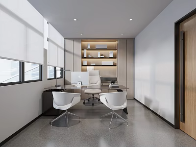 Modern Office Interior With Desk Computer White Chairs Bookshelf Windows And Blinds 3d model