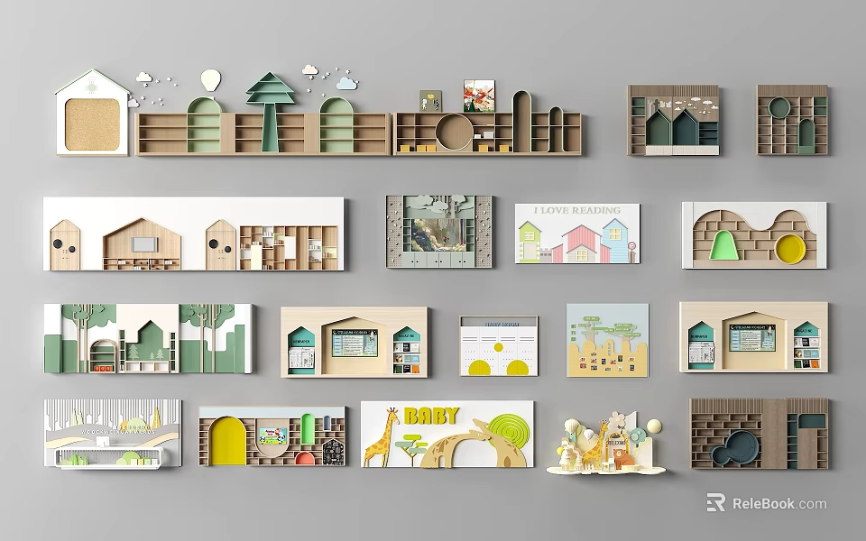 Creative House Shaped Kids Bookcase With Giraffe Motifs And Colorful Cartoon Elements 3d model 