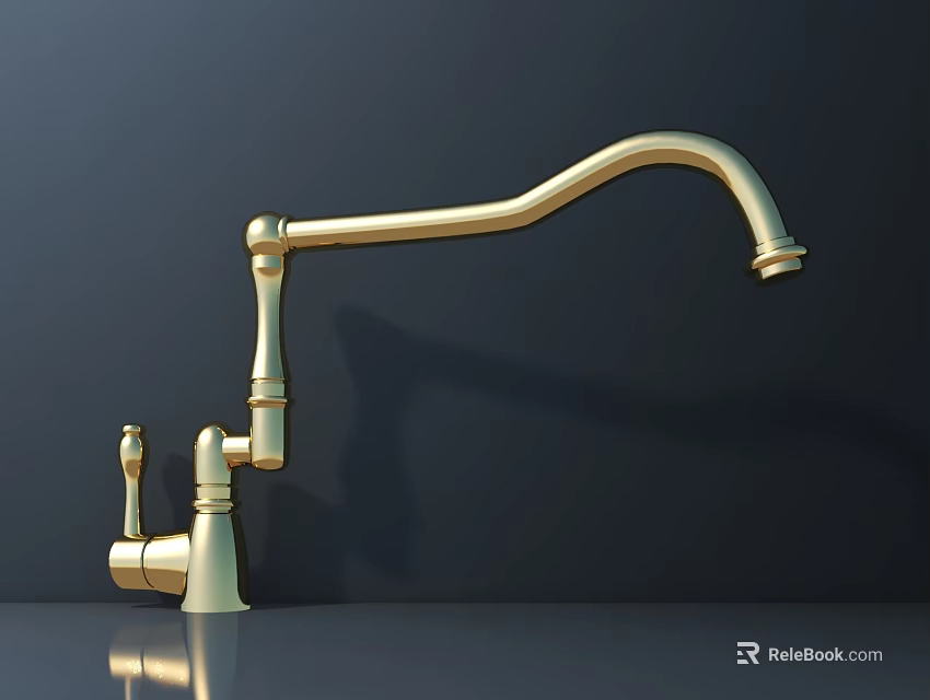 Elegant Golden Faucet With Curved Spout And Double Handle On Dark Backdrop 3d model 