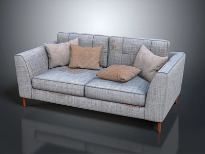 Light Gray Fabric Two Seater Sofa With Three Beige Cushions And Wooden Legs 3d model
