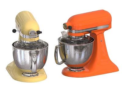 Yellow and Orange Stand Mixers with Stainless Steel Bowls in Modern Kitchen Appliances 3d model