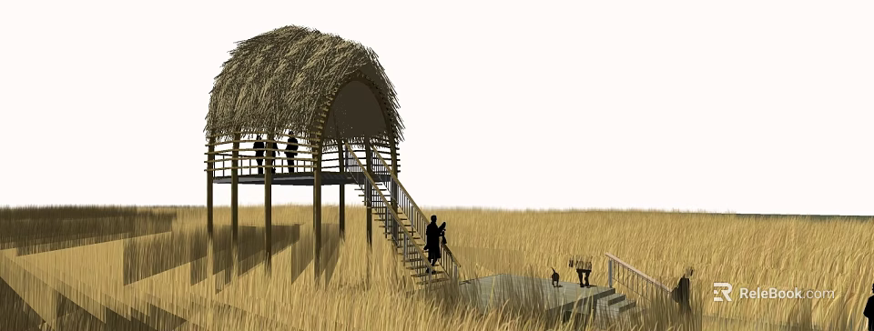 Thatched Roof Wooden Pavilion In Golden Grassland With Stairs And People Around 3d model 