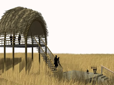 Thatched Roof Wooden Pavilion In Golden Grassland With Stairs And People Around 3d model