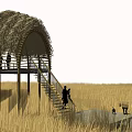 Thatched Roof Wooden Pavilion In Golden Grassland With Stairs And People Around
