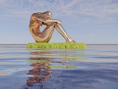 Golden Human Figure Sculpture sitting on green platform above water with clear reflection 3d model