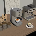 Modern Kitchen Appliances Featuring Espresso Machines Coffee Jars And Cups On Wooden Countertop